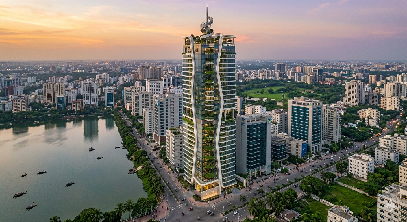 Modern skyscraper with curved design and green terraces at sunset
