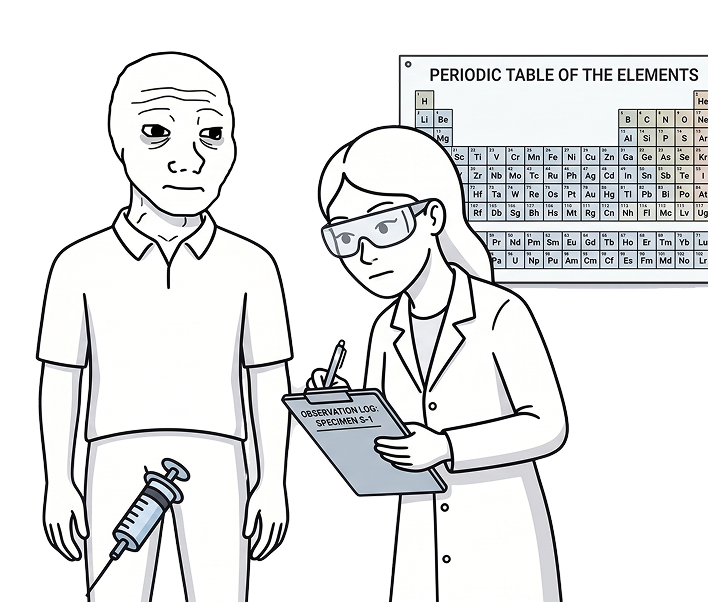 Syringor with scientist studying the periodic table