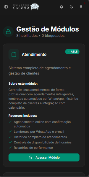 Universo Cacomo Mobile - Gestao de Modulos com feature gating e detalhes do modulo Atendimento