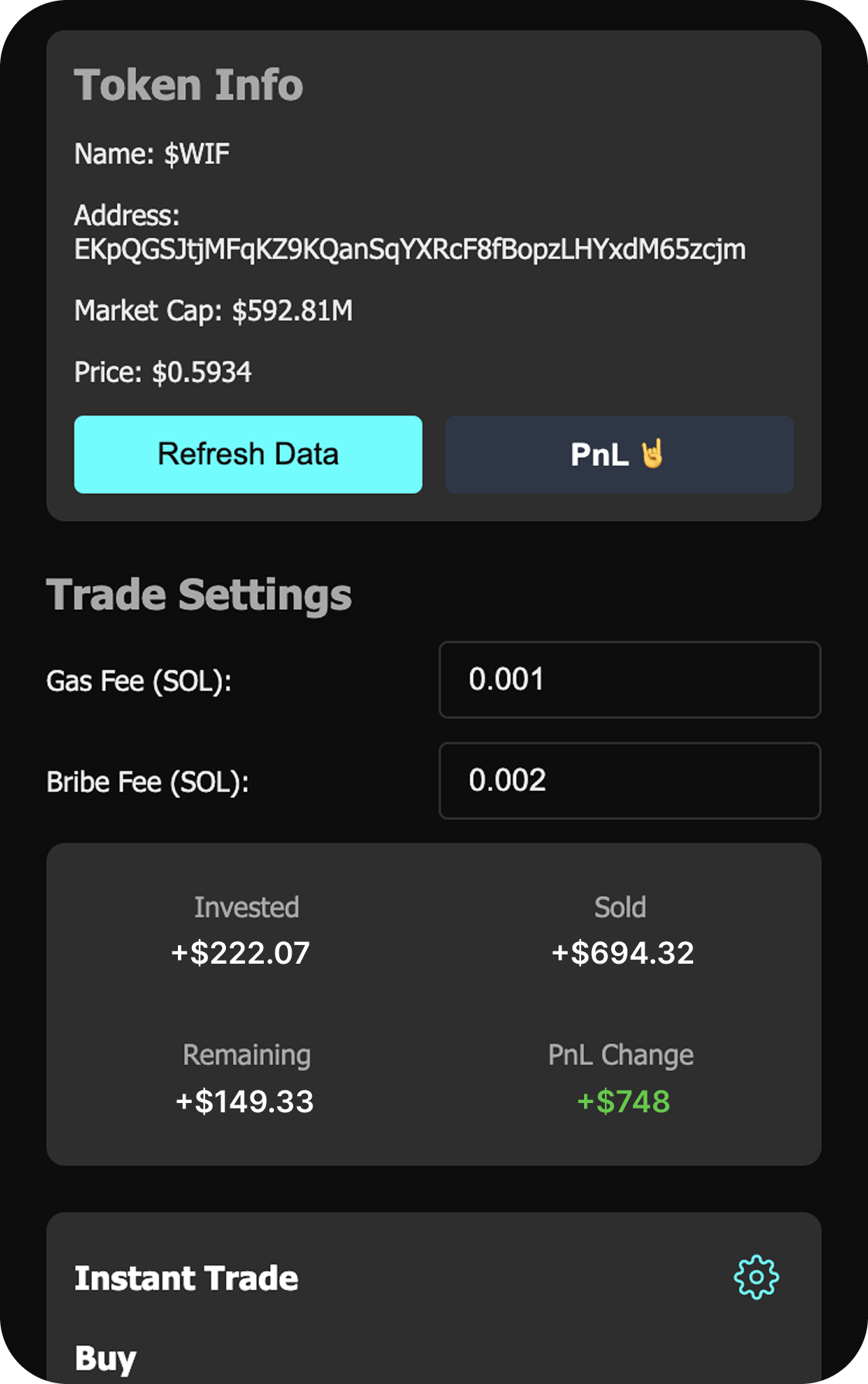 GhostTrade Extension Interface showing token trading data