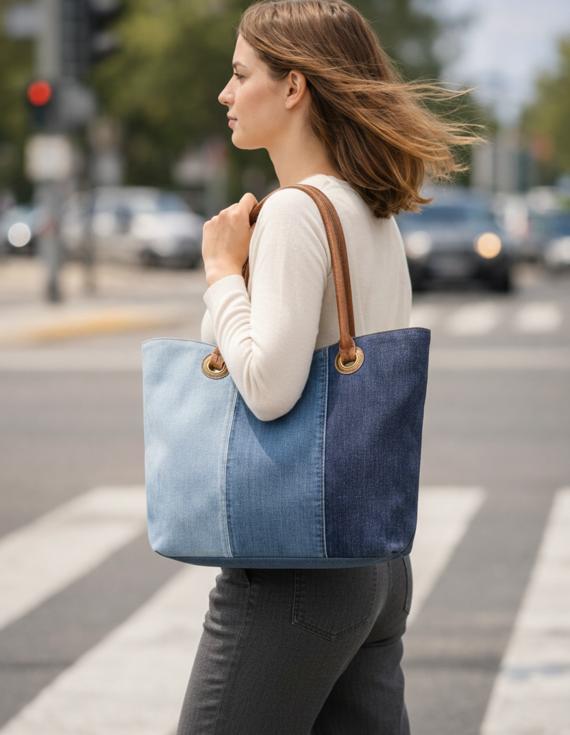 Woman carrying a patchwork upcycled denim tote bag while crossing a city street