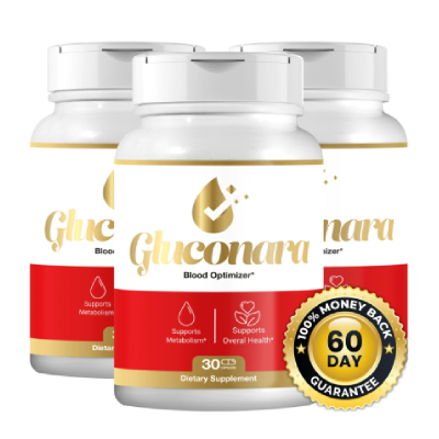 Three Gluconara supplement bottles with a 60-day money-back guarantee badge