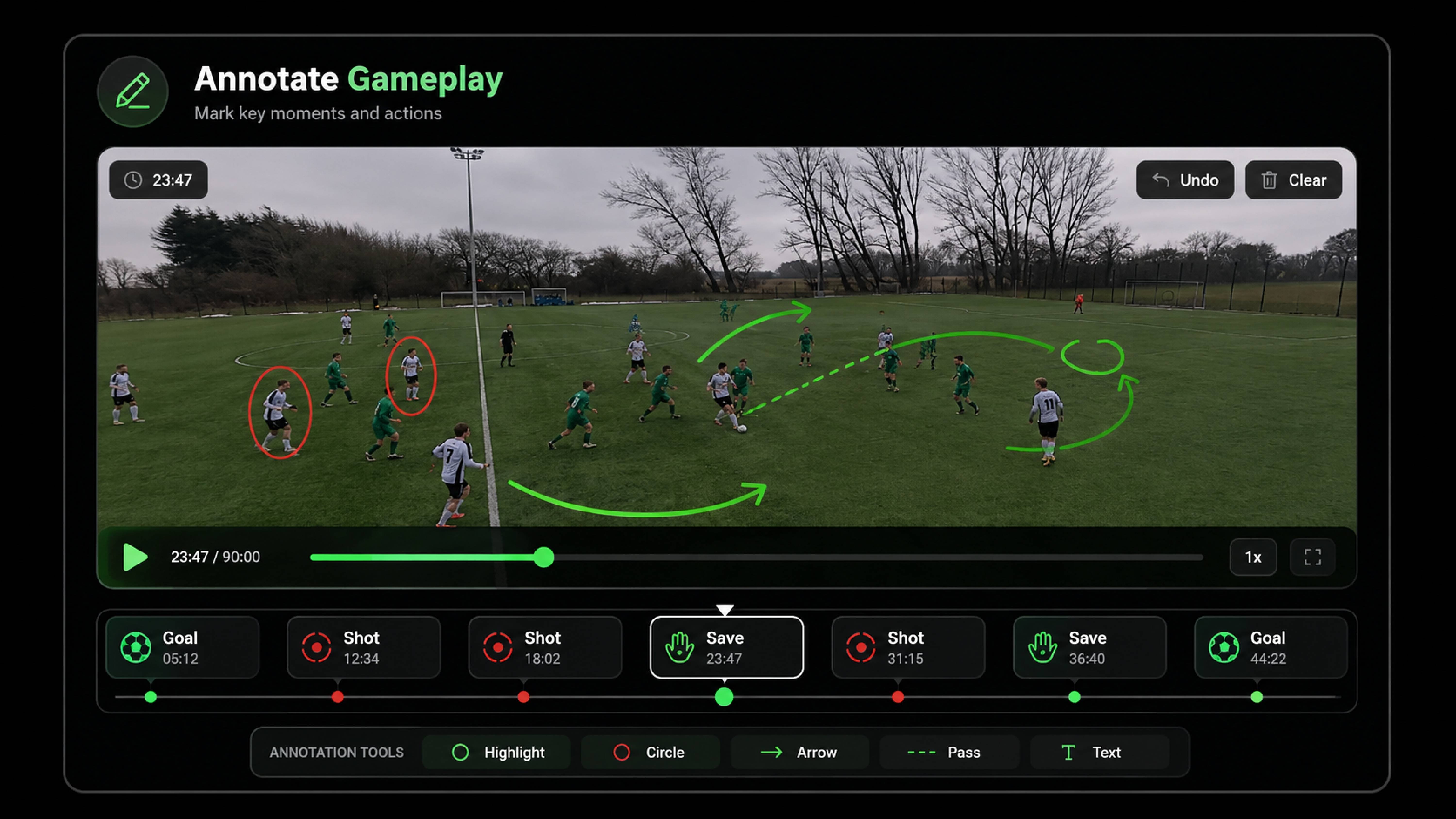 PitchWise gameplay annotation tool with arrows and circles overlaid on match footage