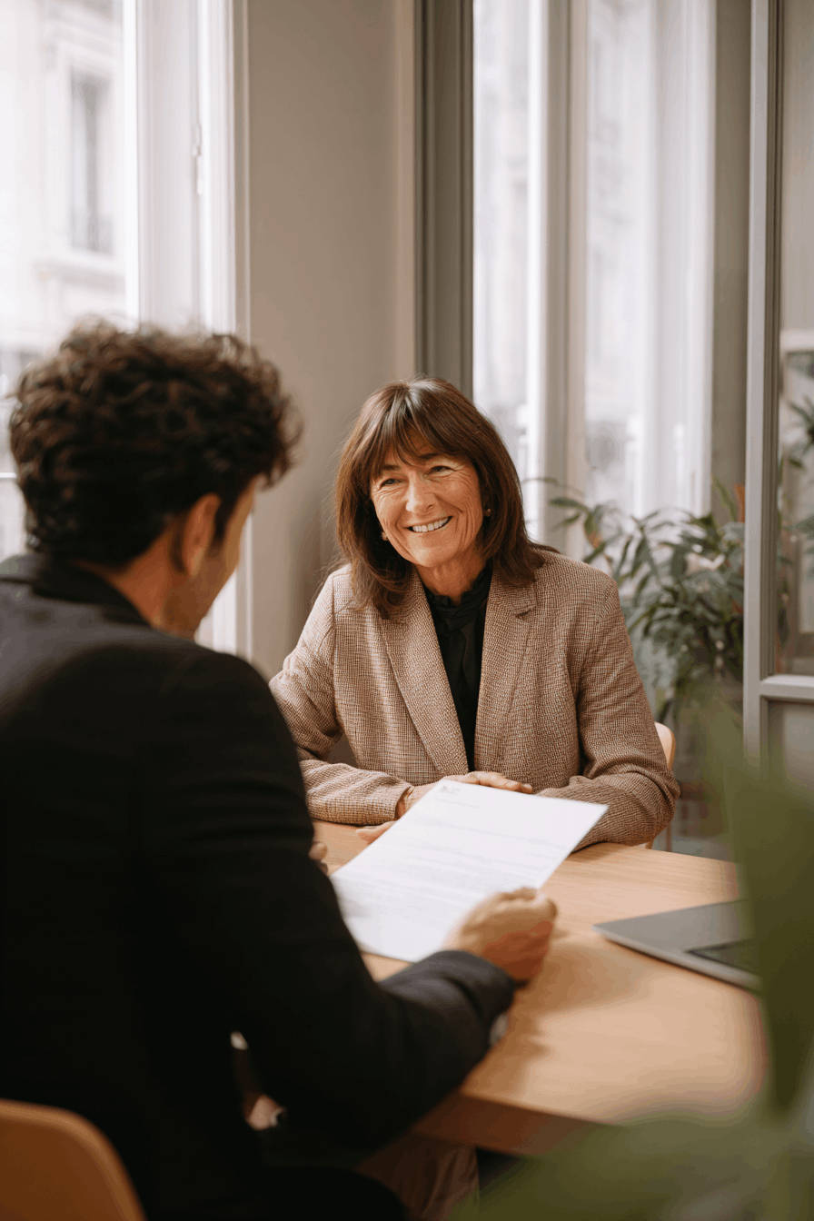 Gestora profesional atendiendo a un cliente con documentos sobre la mesa en despacho con luz natural