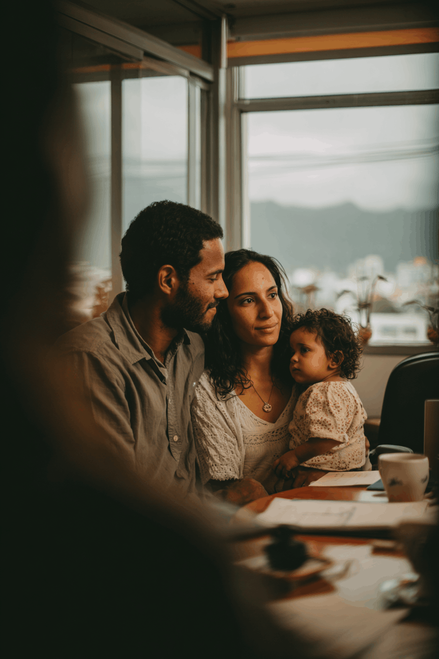 Familia joven con su bebé en consulta de extranjería en Tramits Vendrell, El Vendrell