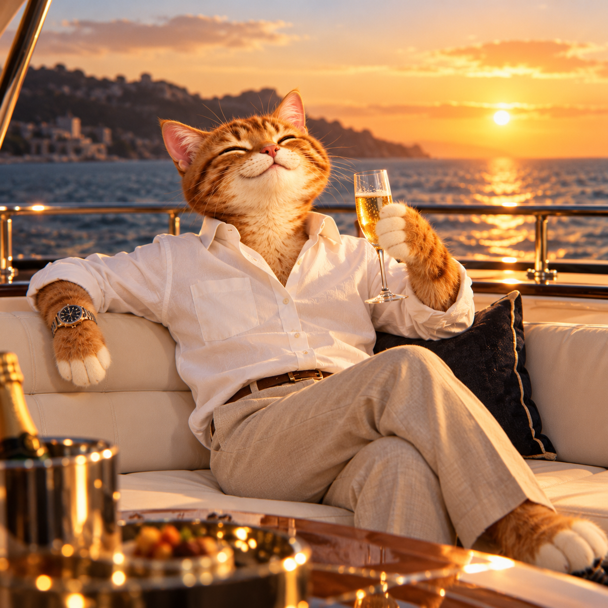 CATECHI enjoying a drink on a yacht at sunset
