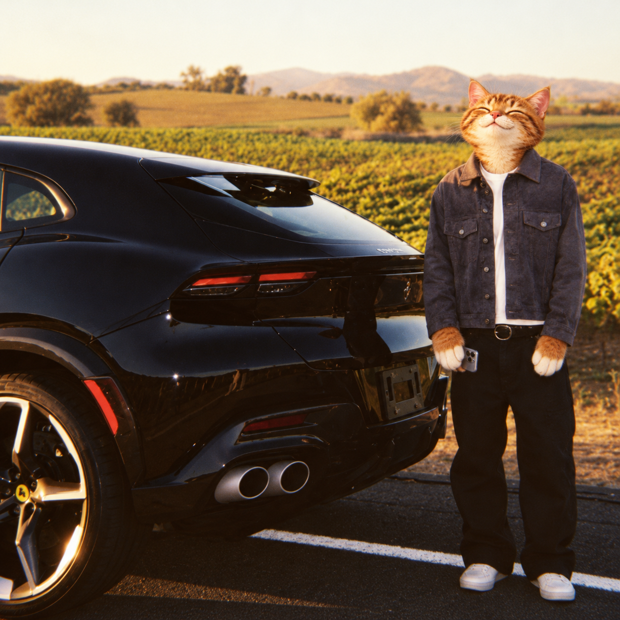 CATECHI standing beside a luxury car overlooking a vineyard