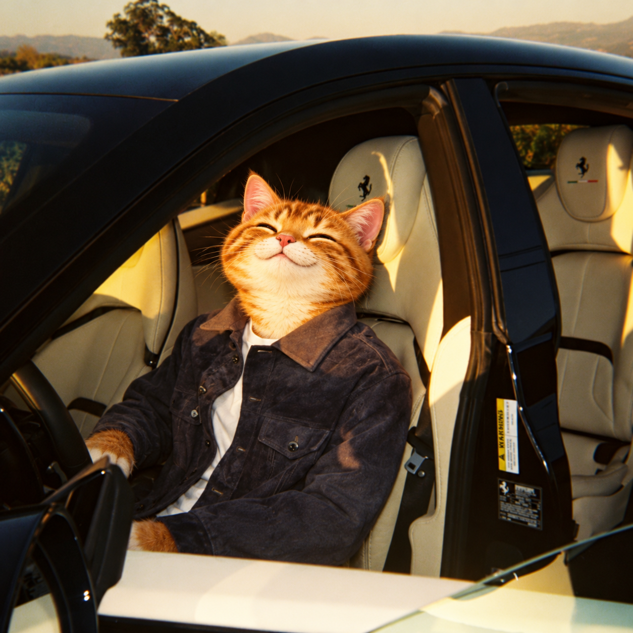 CATECHI relaxing in a Ferrari at golden hour