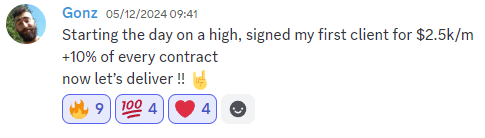 Gonz - First client signed for $2.5K/m + 10%