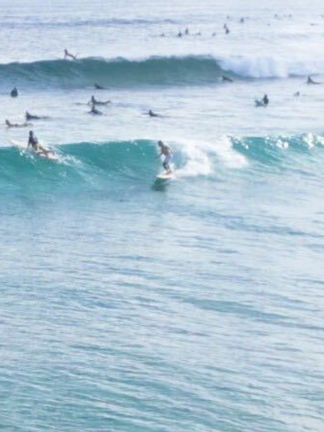 Surfers riding turquoise waves at The Pass, Byron Bay, with multiple surfers visible in the lineup.