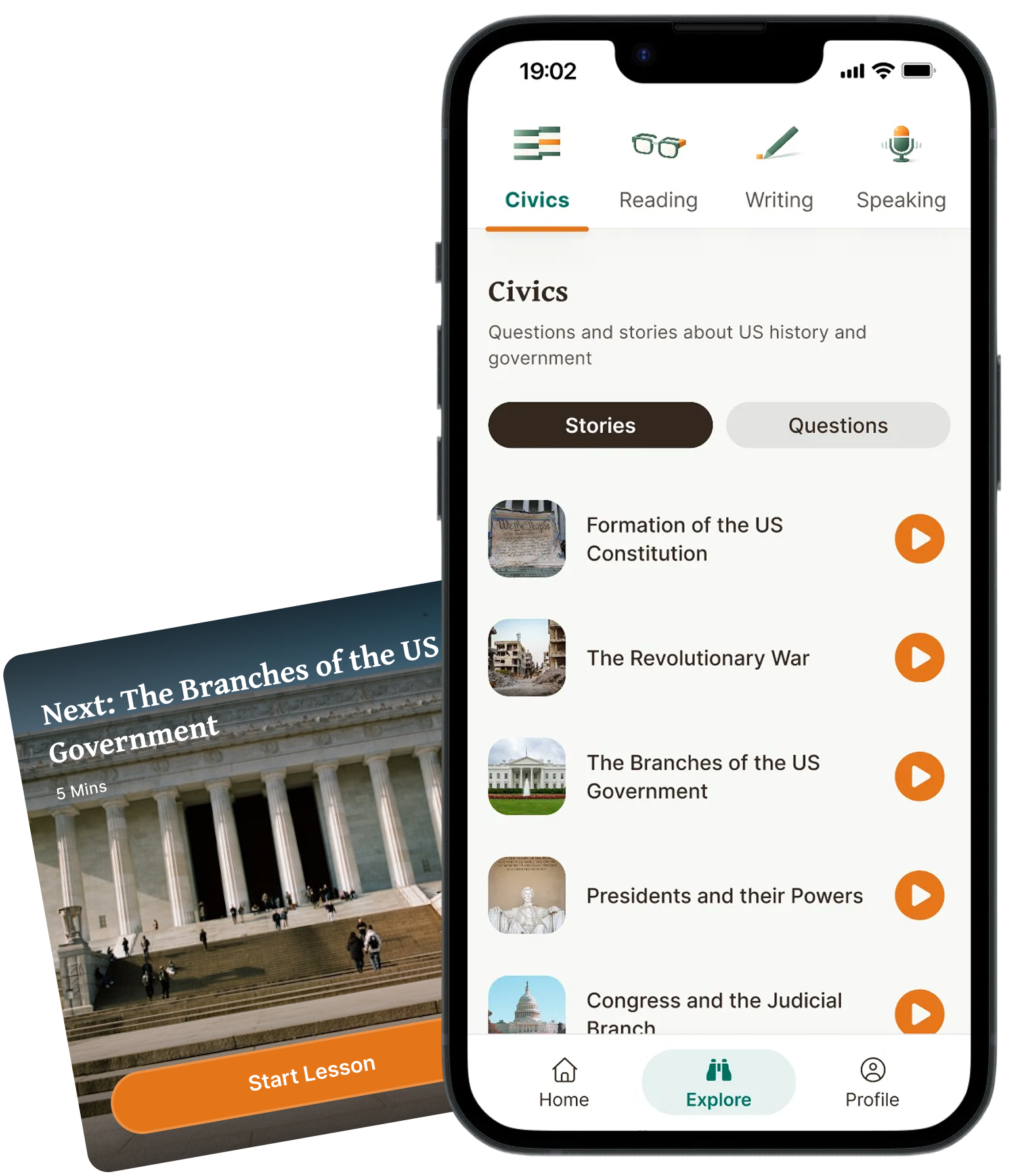 Naturaliz app showing the Civics section with stories and questions