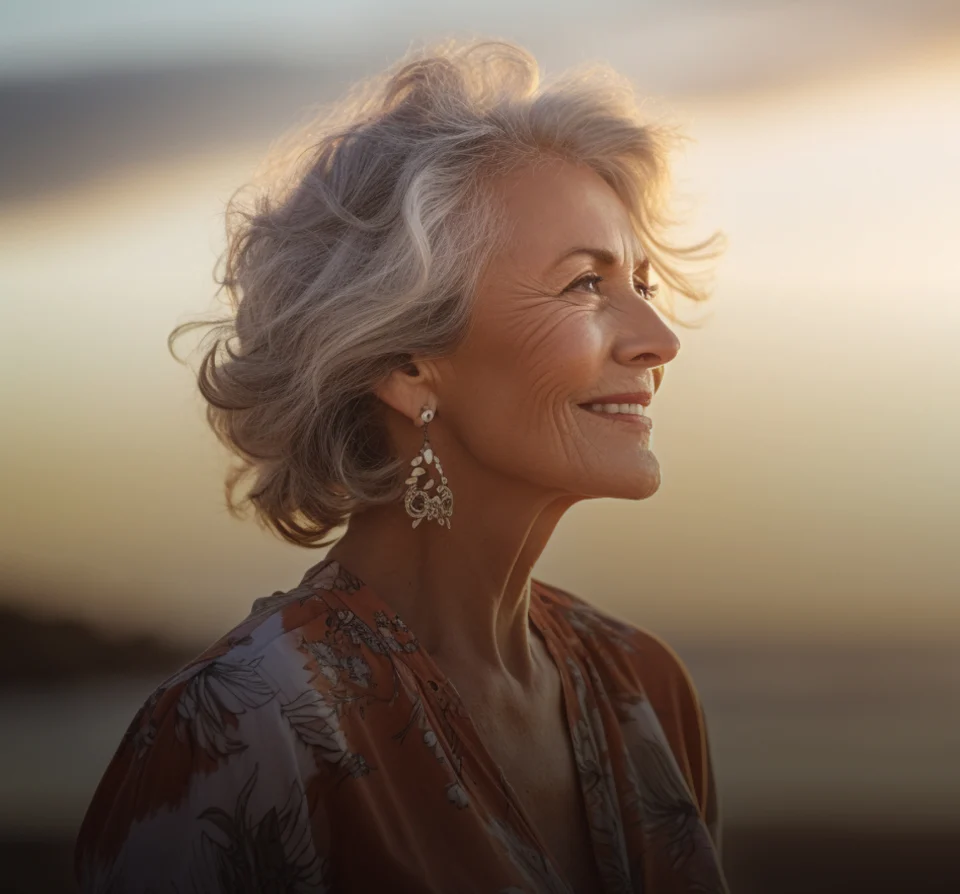 Mature woman smiling at sunset during menopause