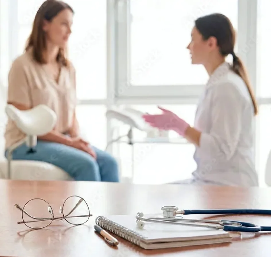 Female doctor with stethoscope smiling at patient during consultation