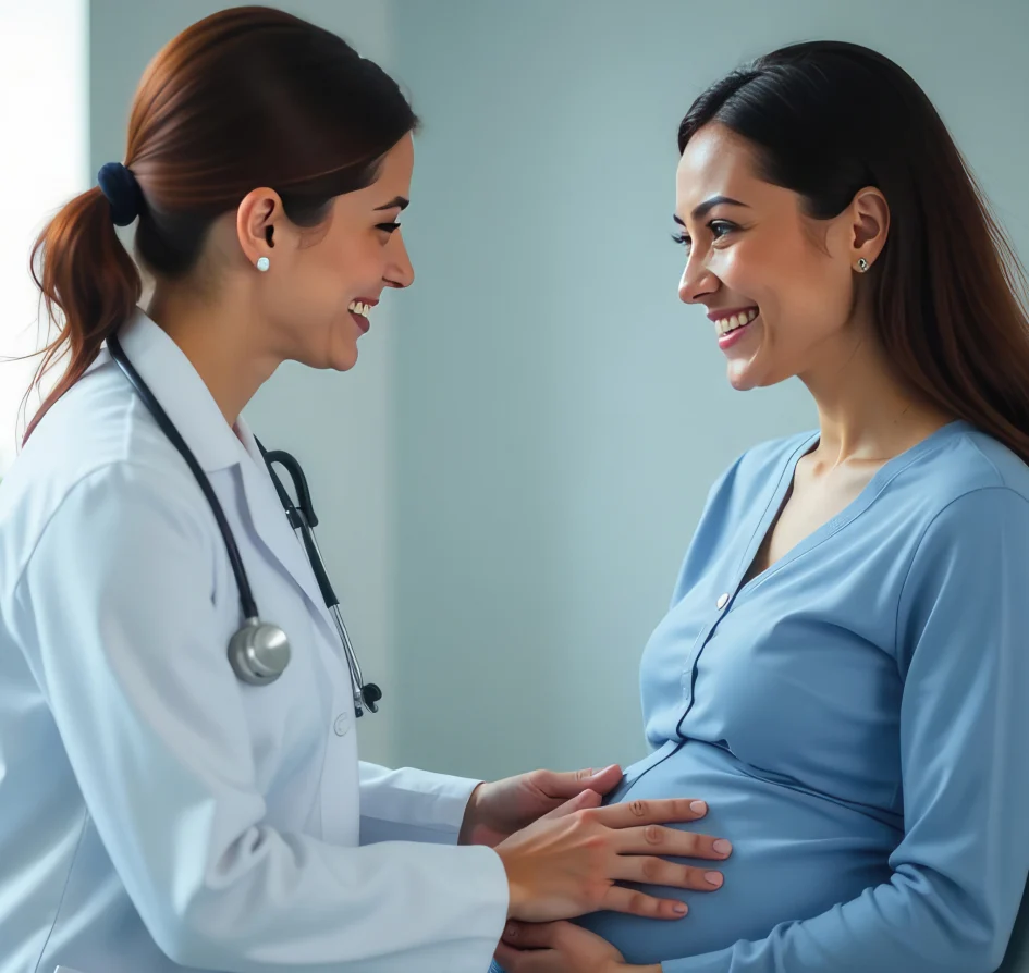 Female doctor with stethoscope smiling warmly while examining pregnant woman