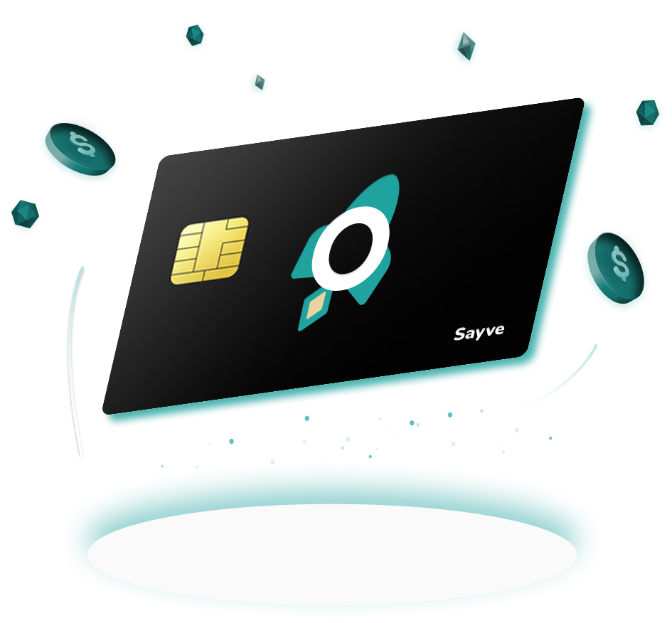 Sayve debit card with teal coins floating around it