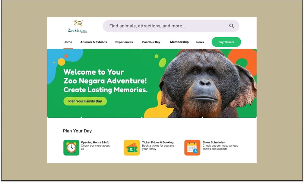 Zoo Negara Landing Page Redesign - Modernized national zoo website with improved navigation and visitor experience