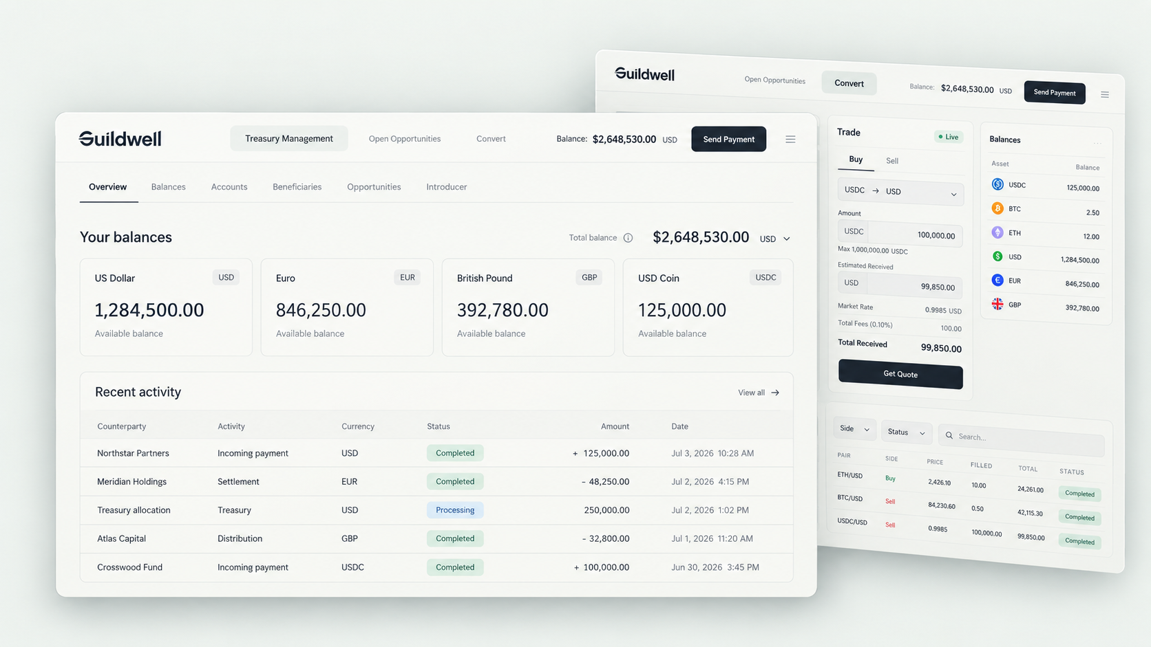 Guildwell financial dashboard mockup showing multi-currency balances, recent payment activity and a currency conversion interface.
