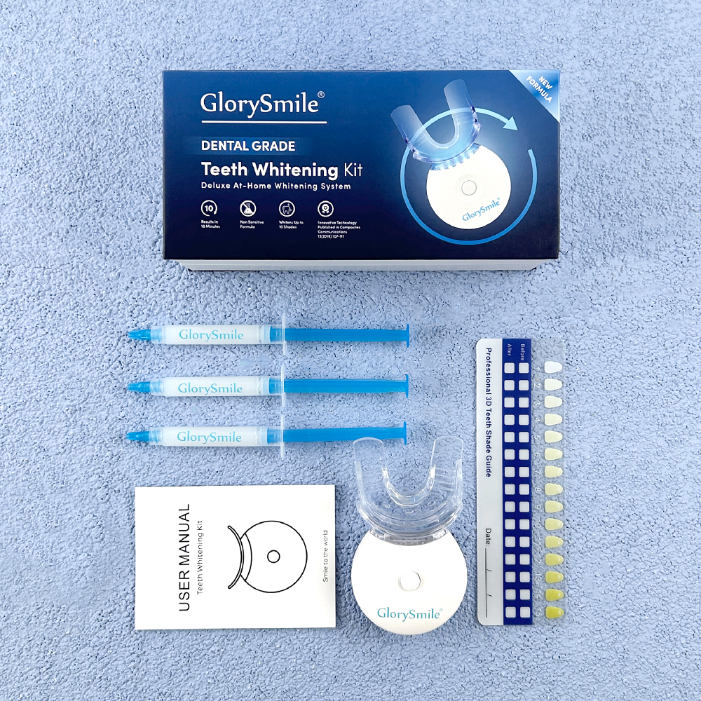 Kit complet GlorySmile avec boite, seringues de gel, LED et guide de teintes