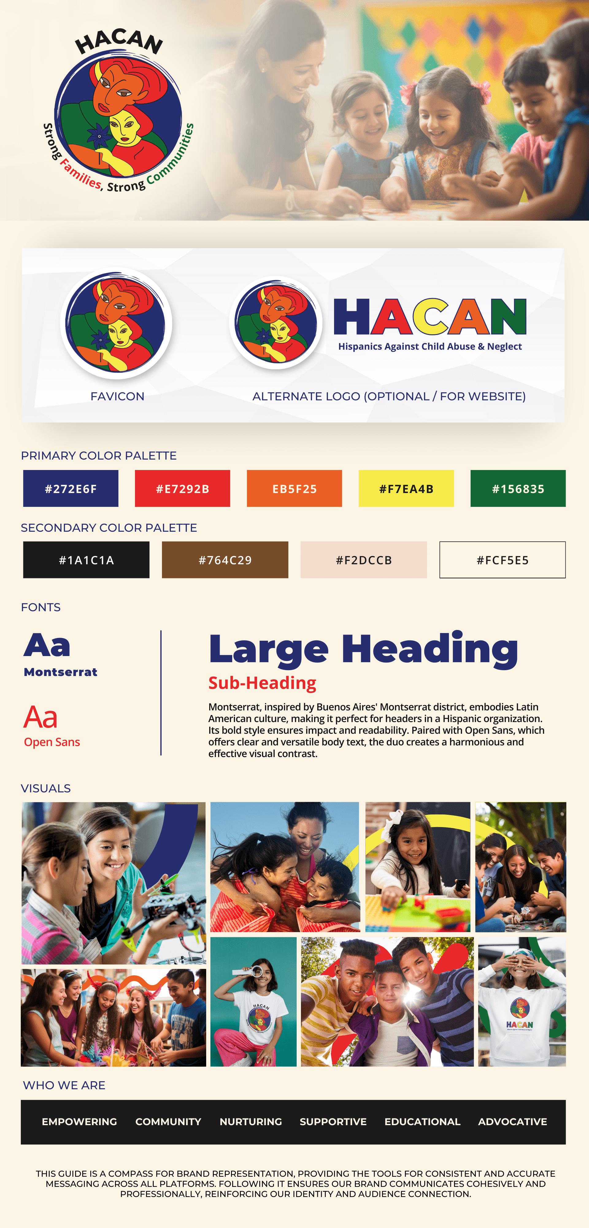 HACAN brand style guide showing logo system, primary and secondary color palettes, Montserrat and Open Sans typography, and community photography
