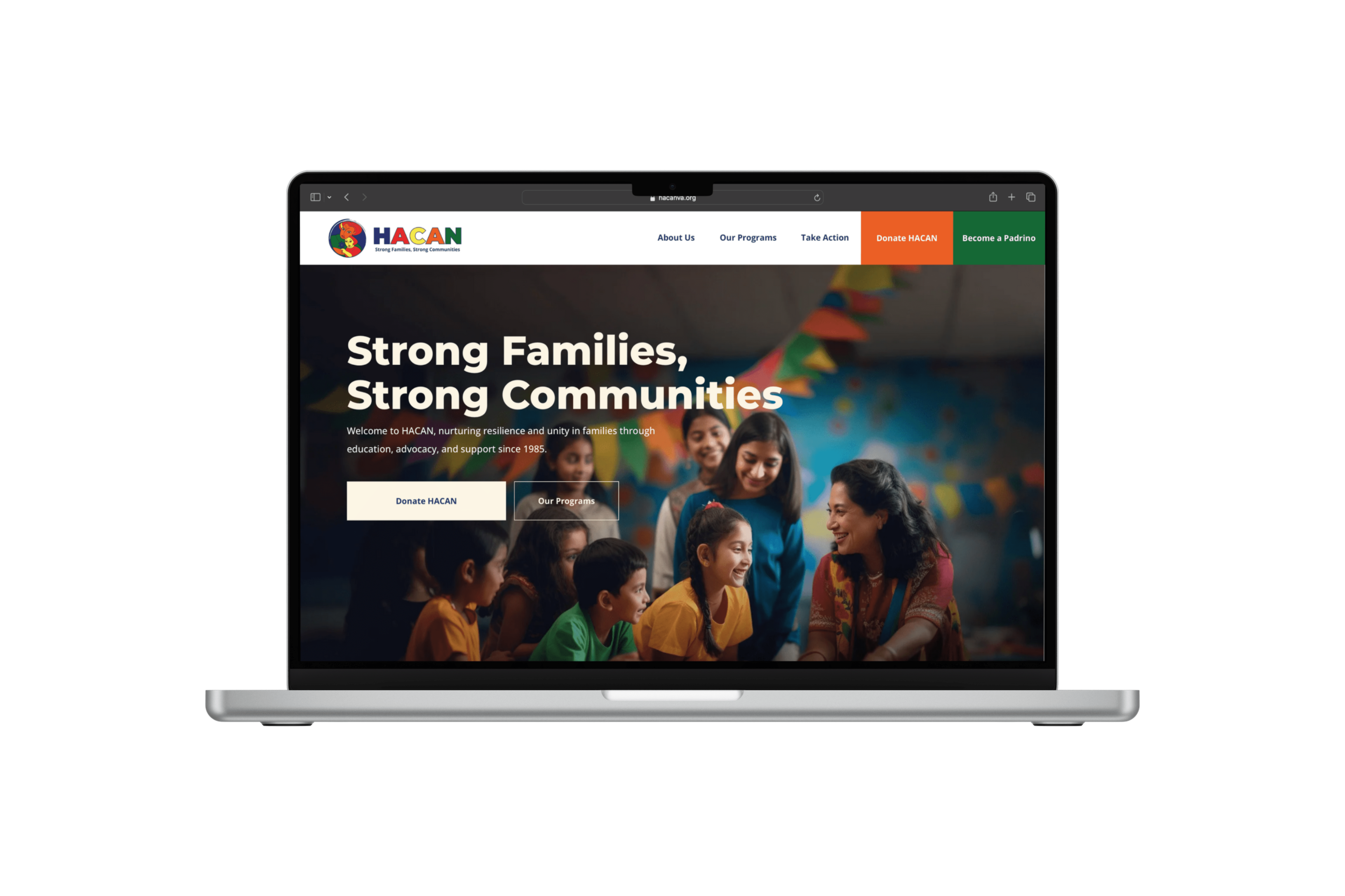 HACAN redesigned website displayed on MacBook showing Strong Families Strong Communities hero section