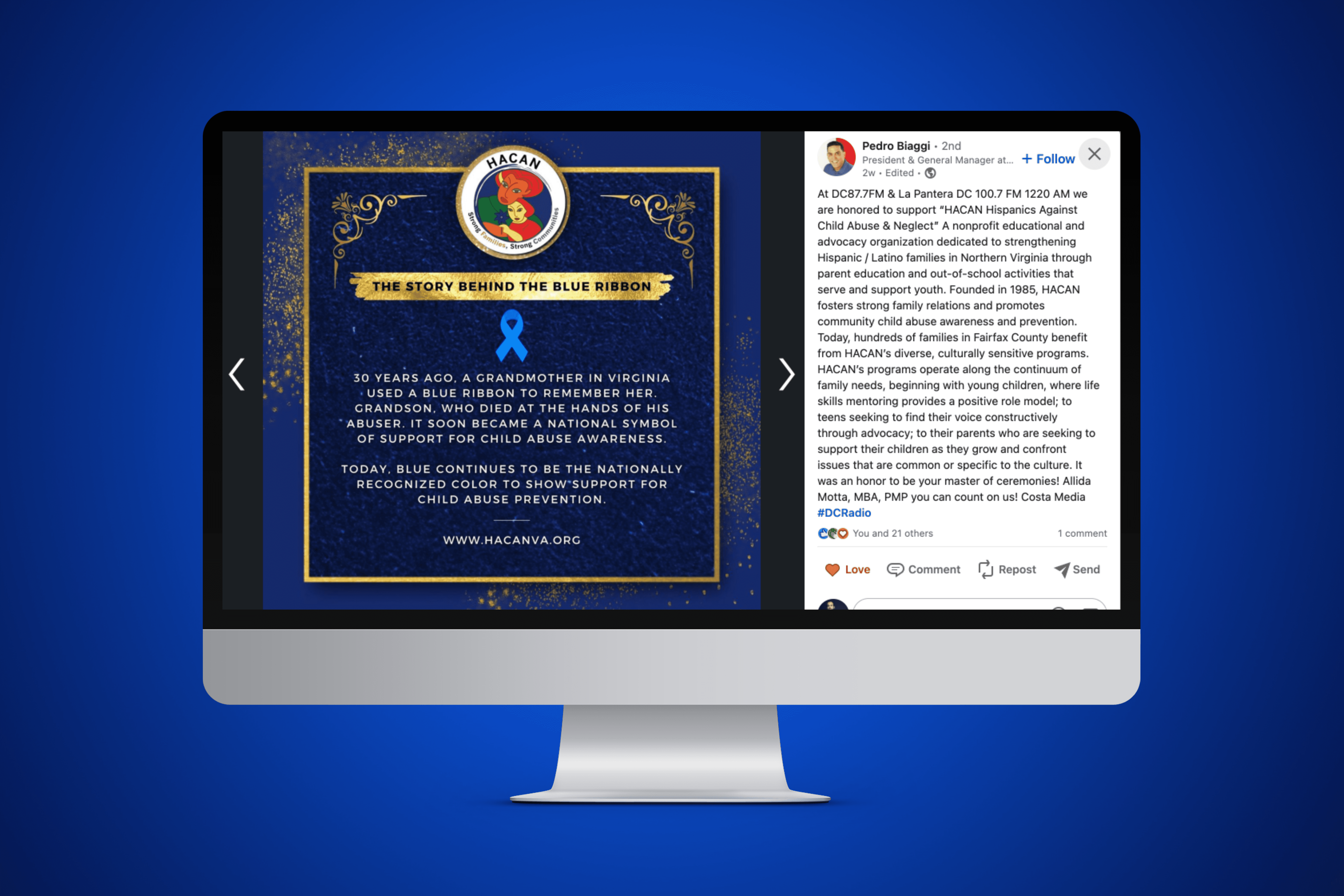 HACAN gala social media post on LinkedIn showing Blue Ribbon awareness campaign on desktop monitor