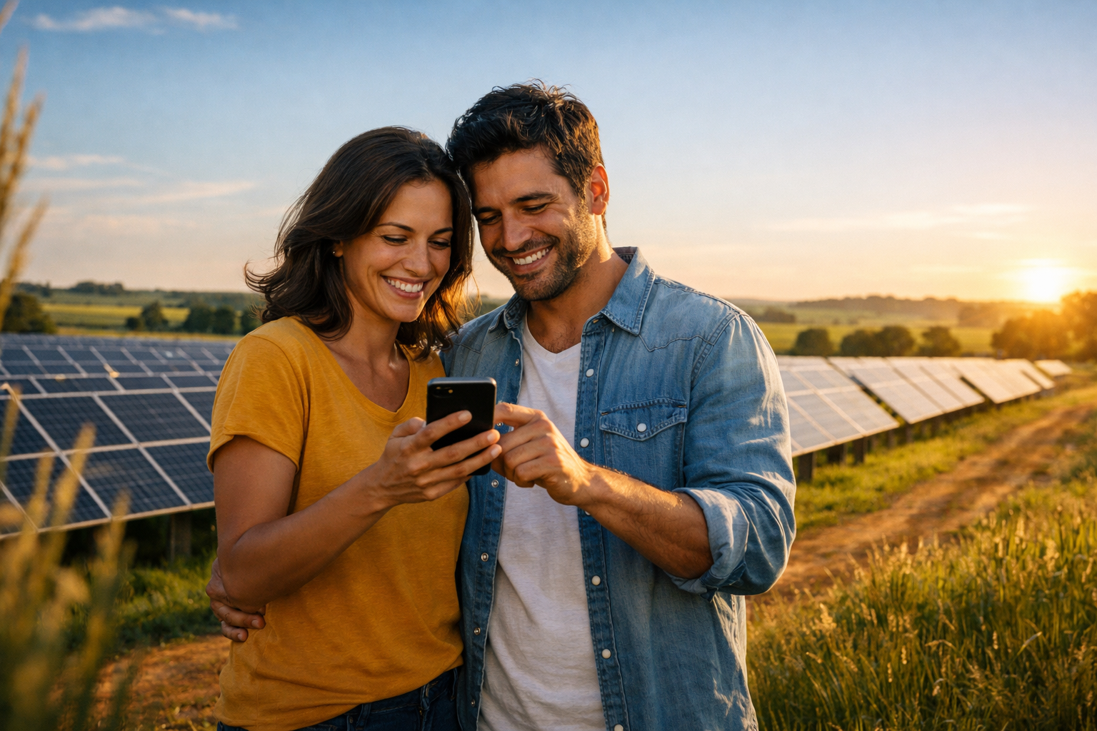 Casal feliz em frente a painéis solares ao pôr do sol
