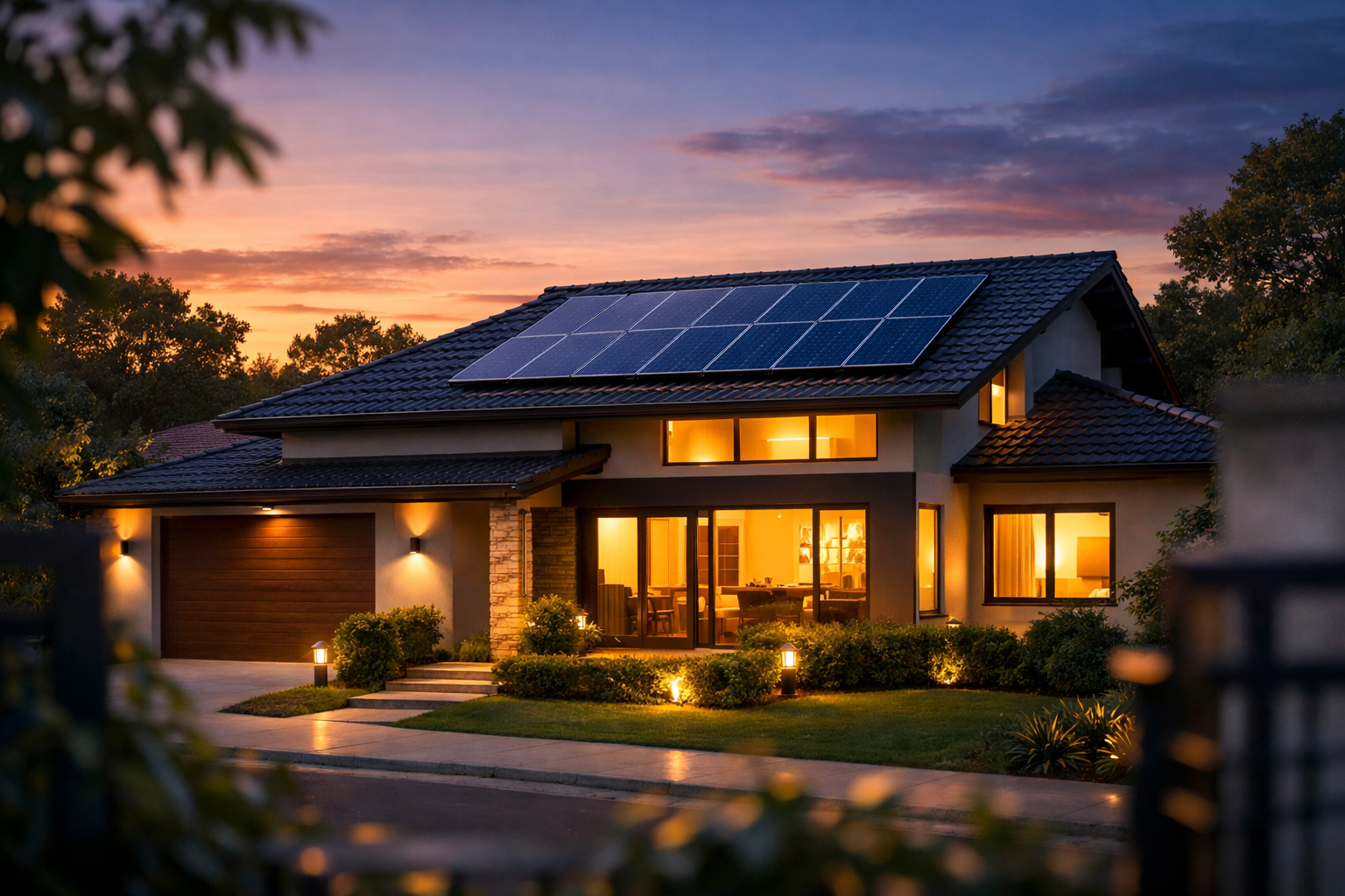 Casa moderna com painéis solares no telhado ao entardecer