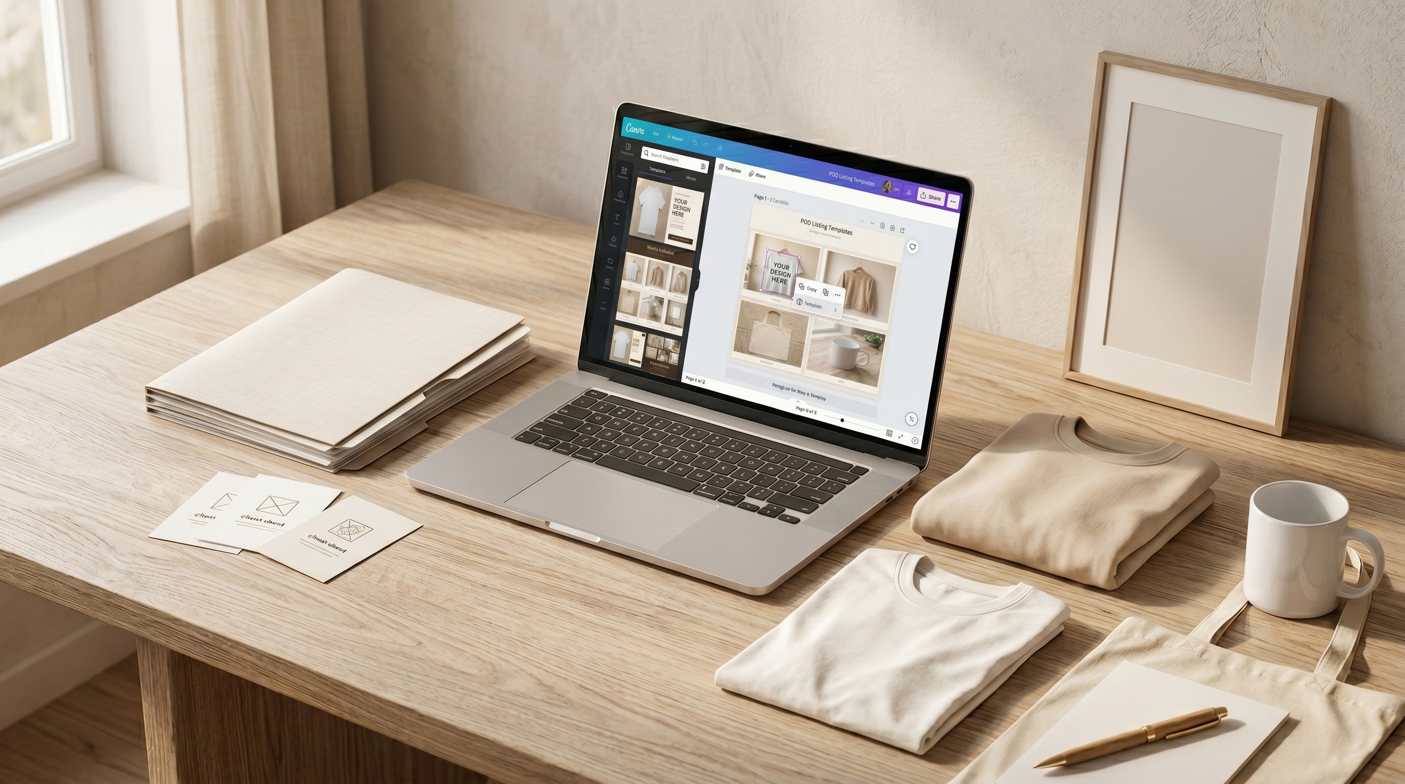 POD Seller Visual System being edited in Canva - laptop workspace with templates and physical mockup products