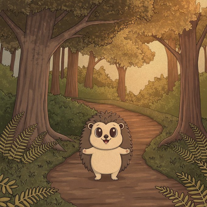 Hedgehog mascot on a forest path