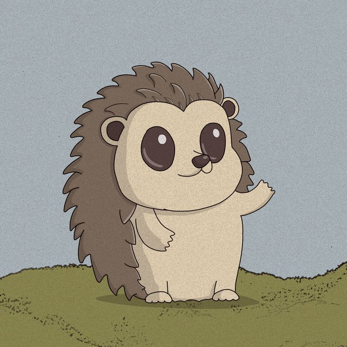 Hedgehog mascot waving in a meadow