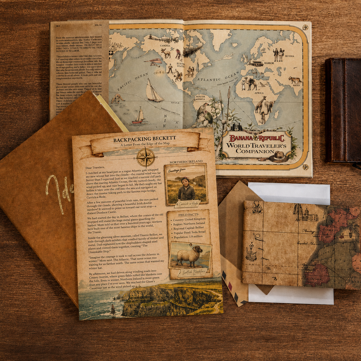 Backpacking Beckett complete gift set with letters, envelopes, and adventure accessories