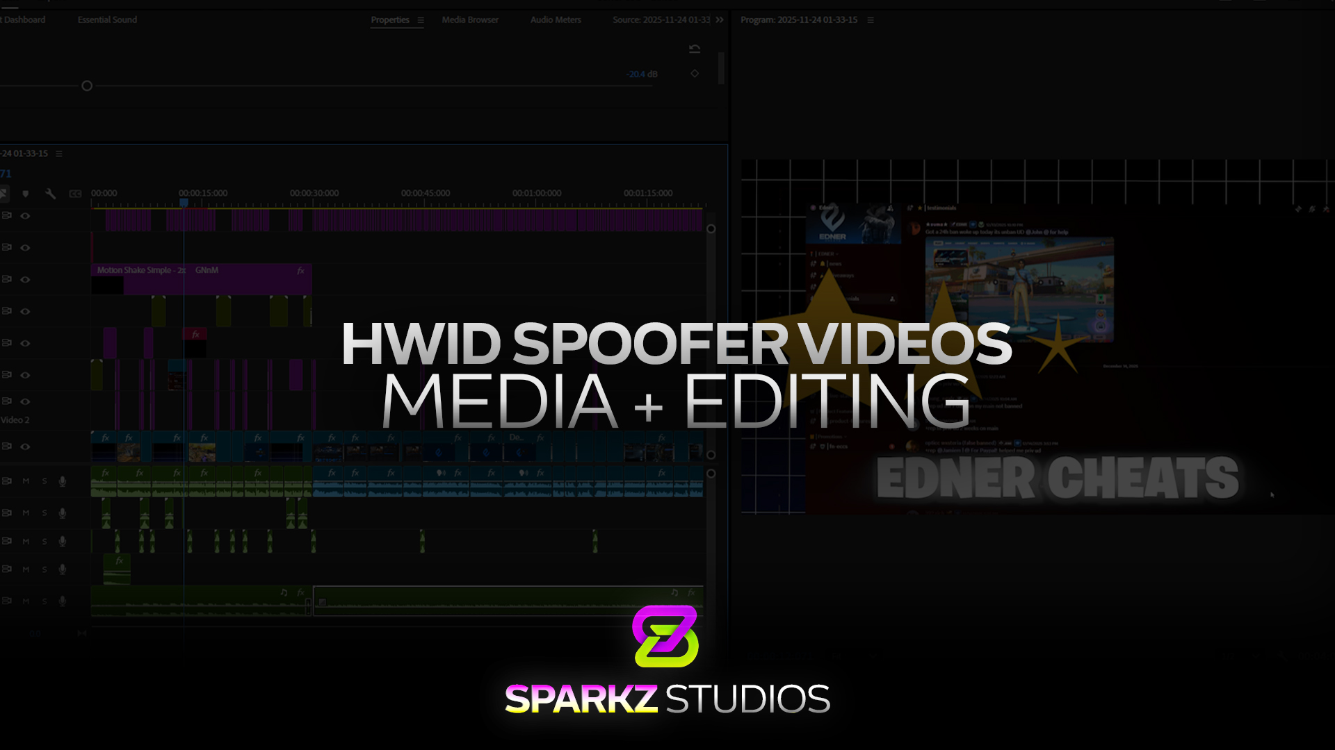 HWID Spoofer media and editing showcase with a video timeline and Discord promotional visuals.