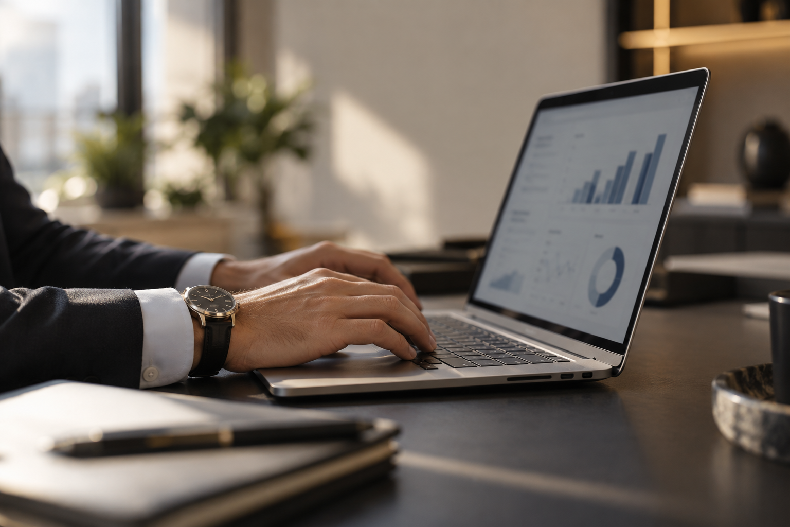 Hands typing on a laptop displaying financial dashboards