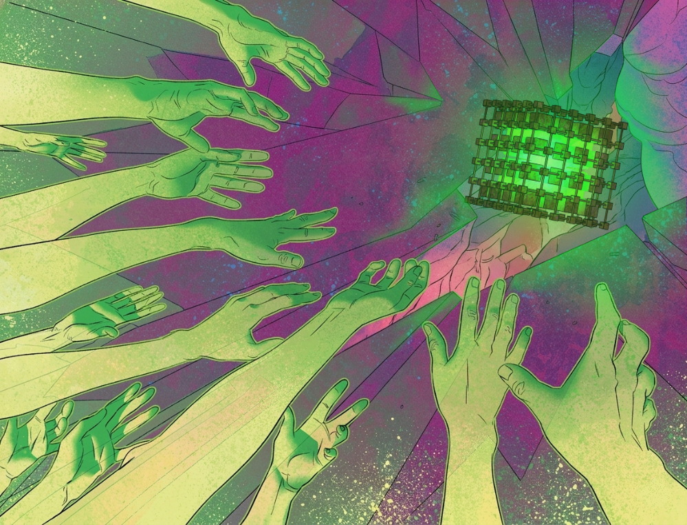 Illustrated green hands reaching for the glowing Vault Collective cube