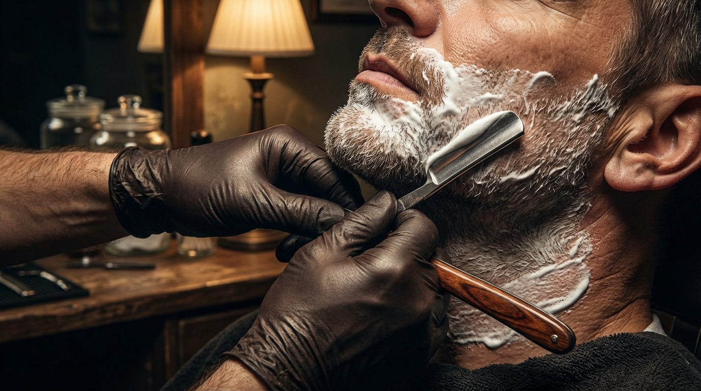 Navaja recta en afeitado profesional de barba