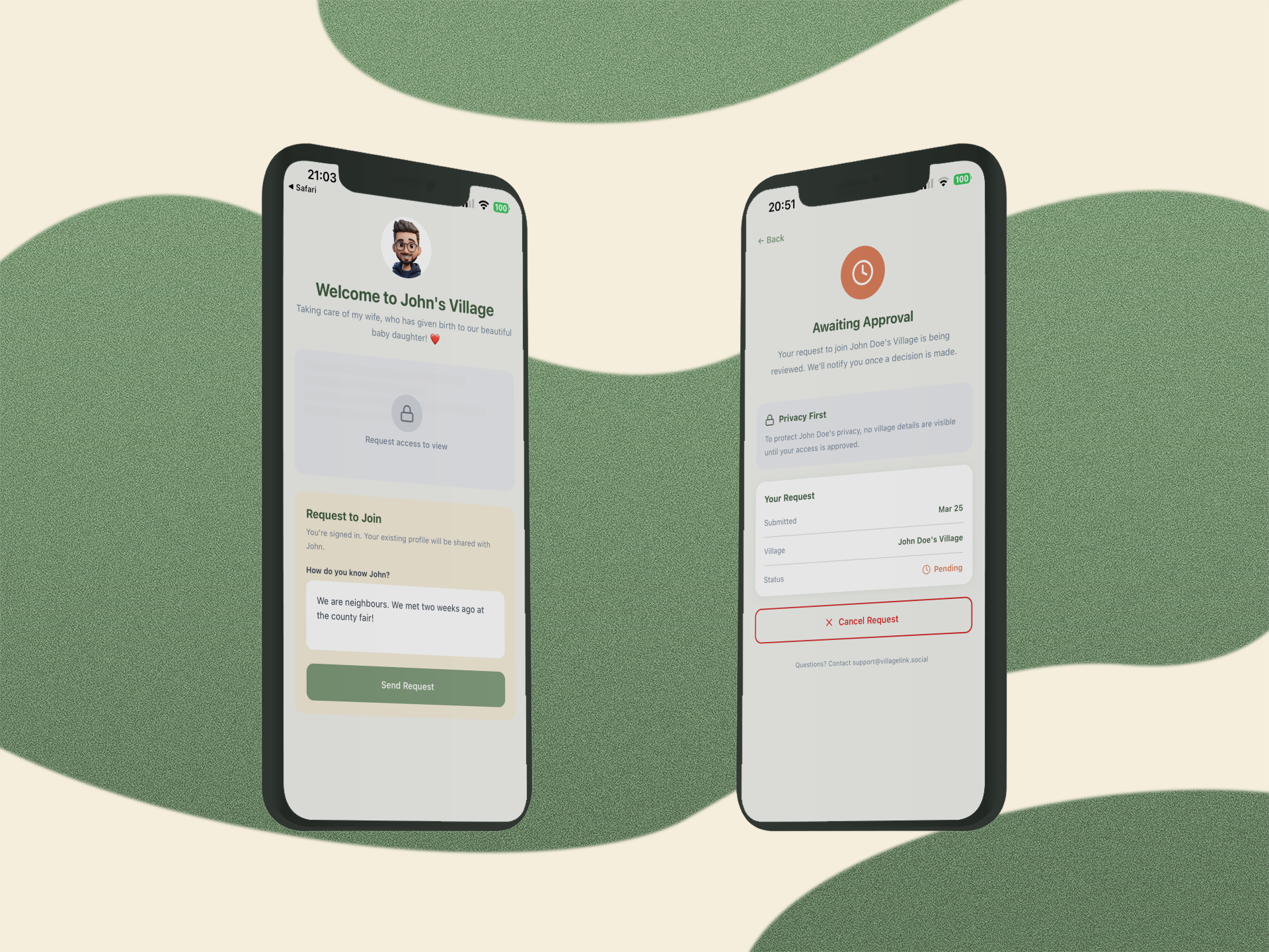 VillageLink app showing the secure handshake feature with two phone screens - one displaying 'Welcome to John's Village' request form and another showing 'Awaiting Approval' status