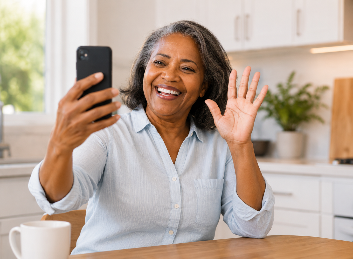 Woman waving at phone during video call