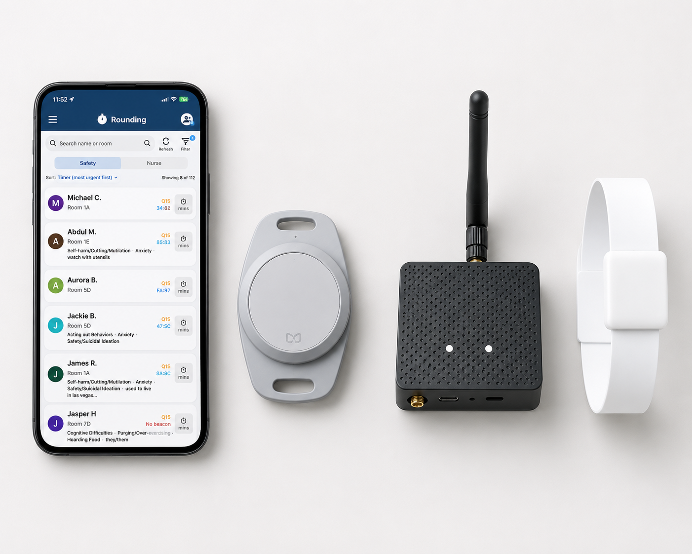 The VisibleHand hardware lineup: the Rounding app on a phone showing a timer-sorted patient safety list, a wall-mount location sensor, a wireless gateway with antenna, and a patient wristband with a clip-on beacon