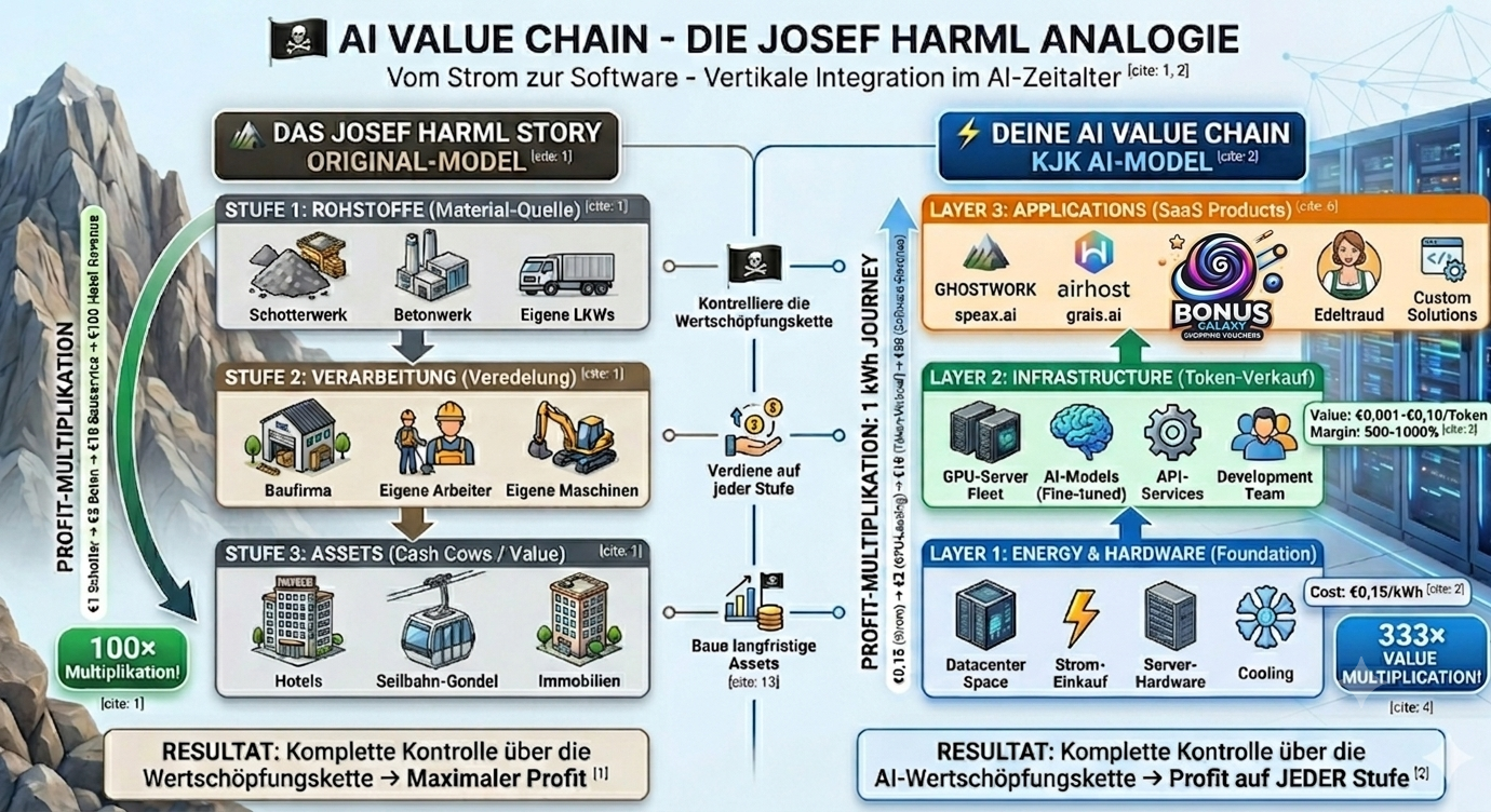 AI Value Chain – Die Josef Harml Analogie: vom Rohstoff-Modell zum dreistufigen KJK AI-Model mit Energy, Infrastructure und Applications