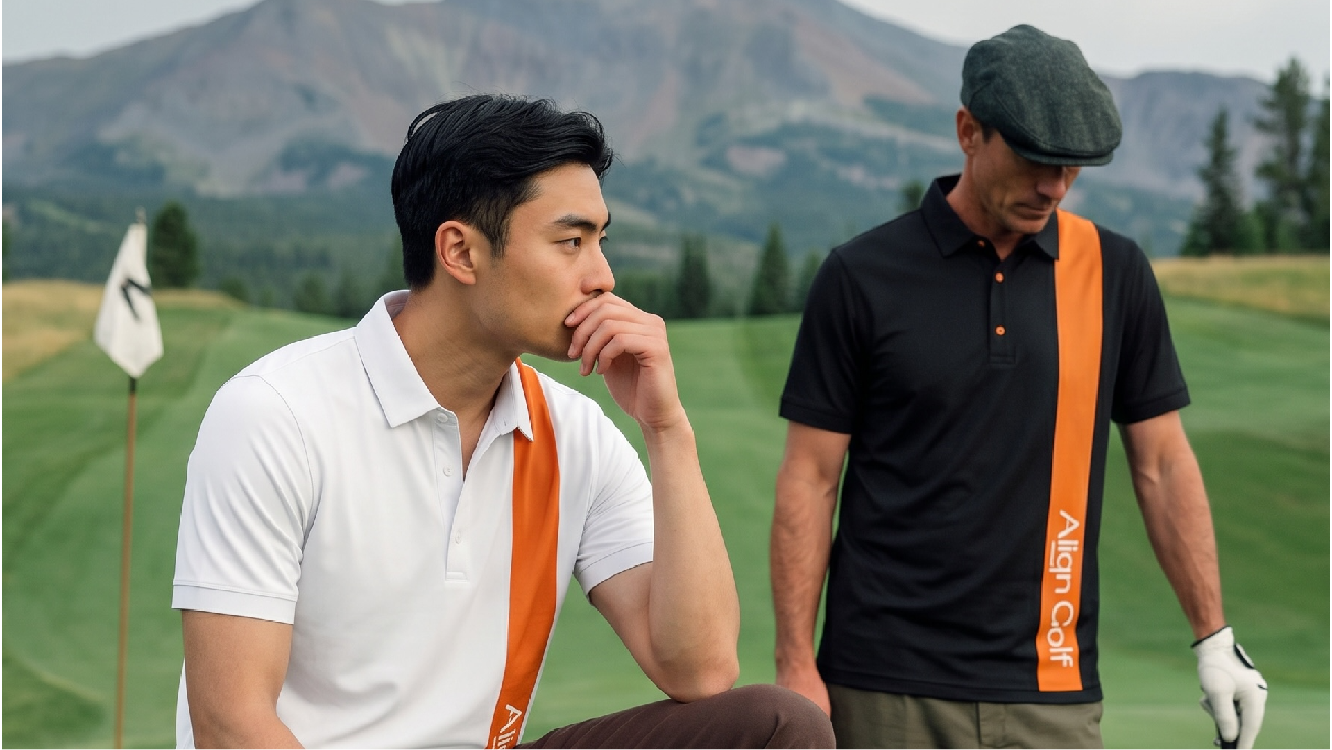 Two golfers on course with mountain backdrop