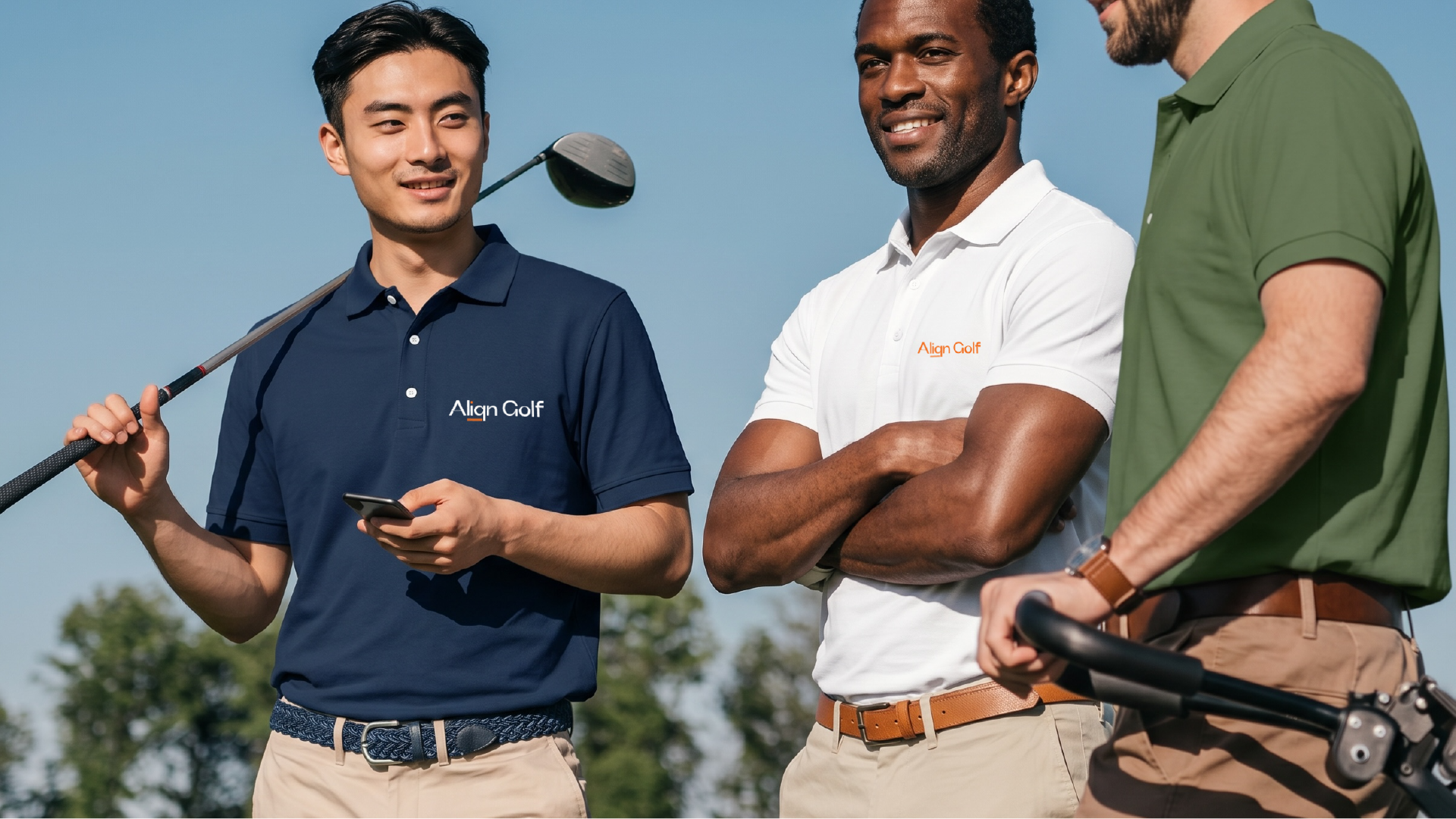 Three golfers socializing on course