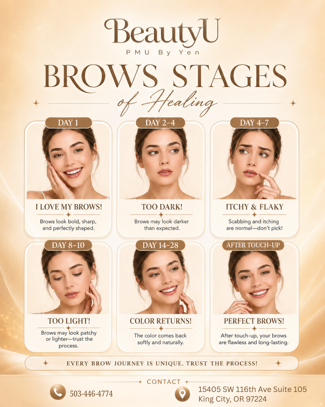 BeautyU brows stages of healing guide showing the six stages from day one through after touch-up