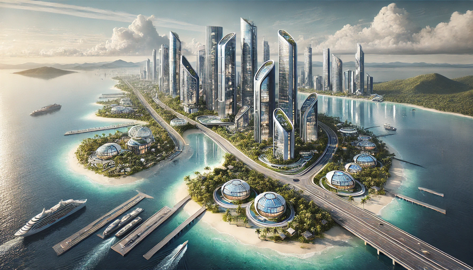 Futuristic waterfront development with modern skyscrapers