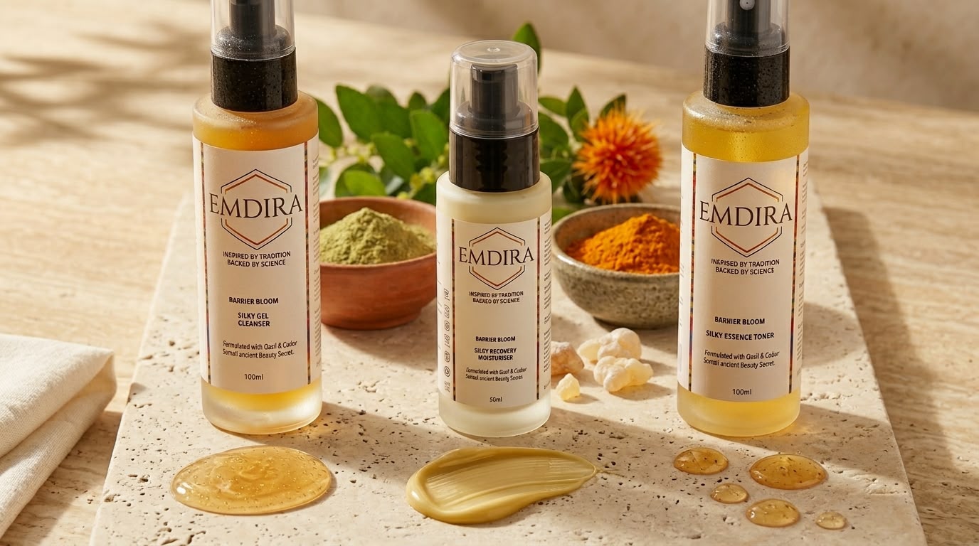 EMDIRA skincare bottles surrounded by botanical powders
