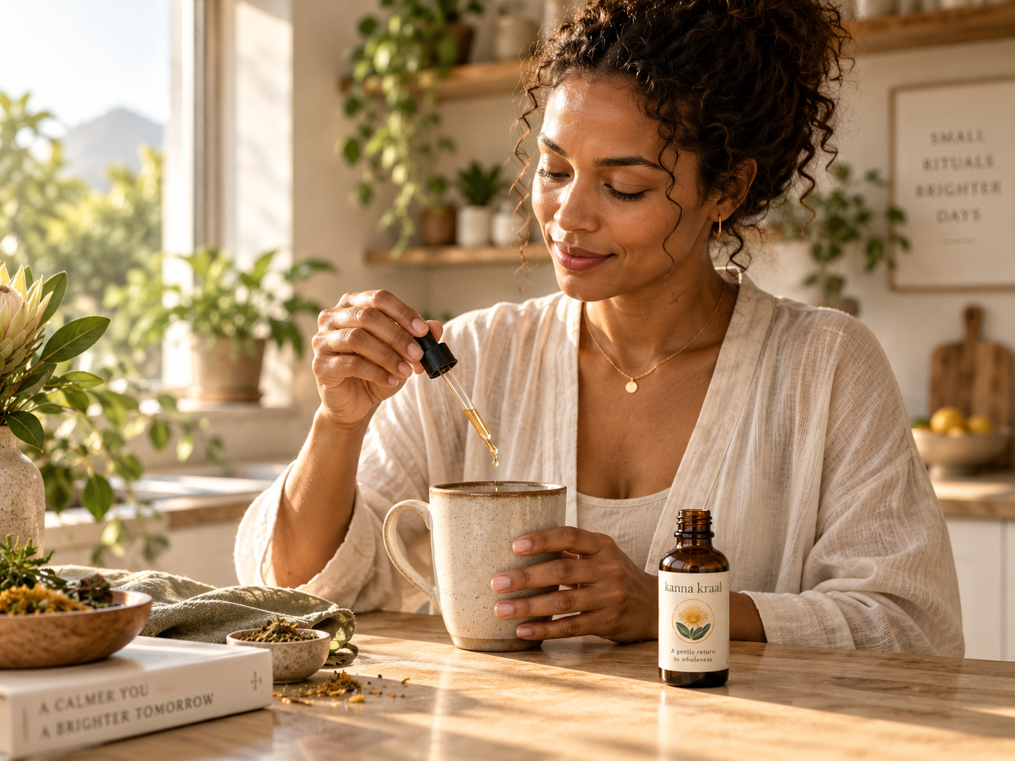 Woman adding kanna drops to a warm mug