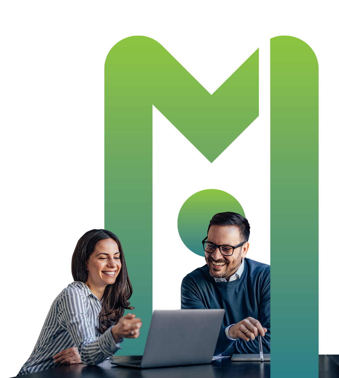 Two professionals collaborating at a laptop in front of the Mi-Team M