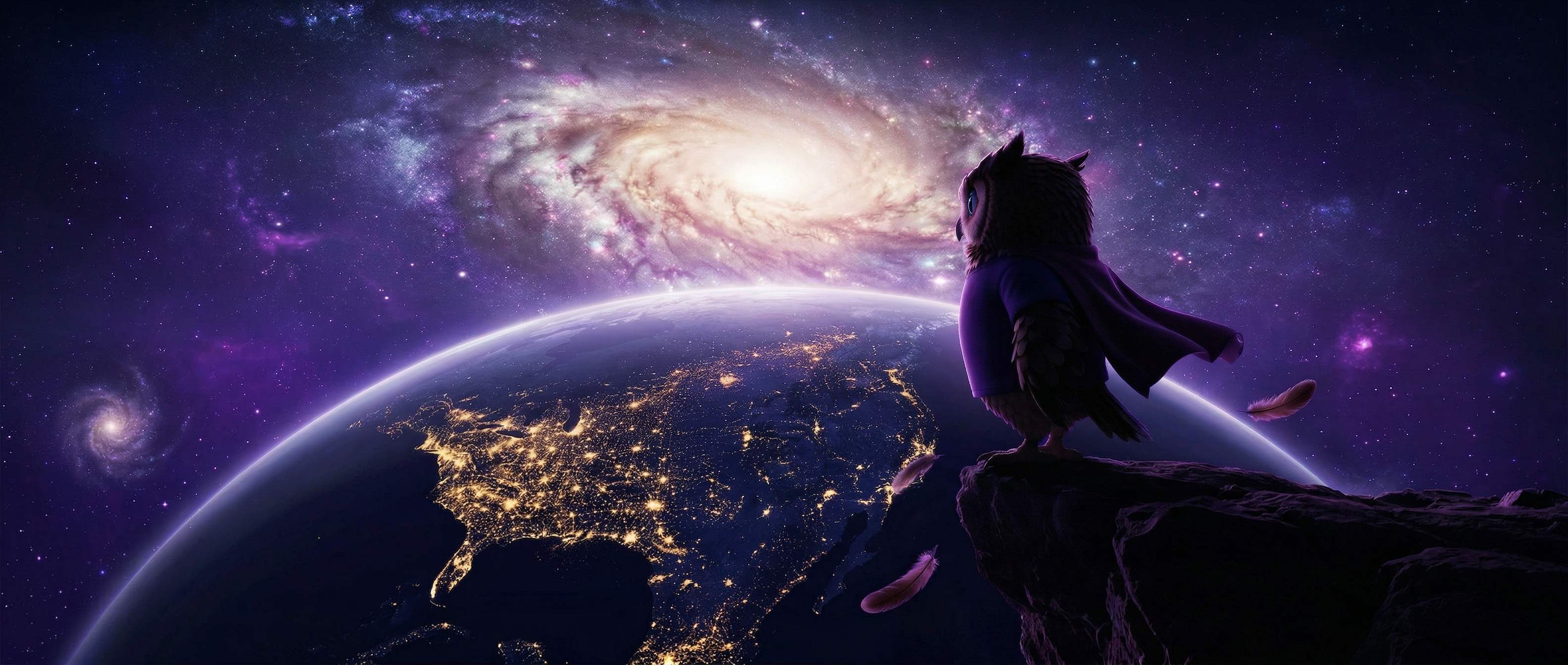 A cloaked owl standing on a cliff's edge, gazing out at Earth and a distant spiral galaxy