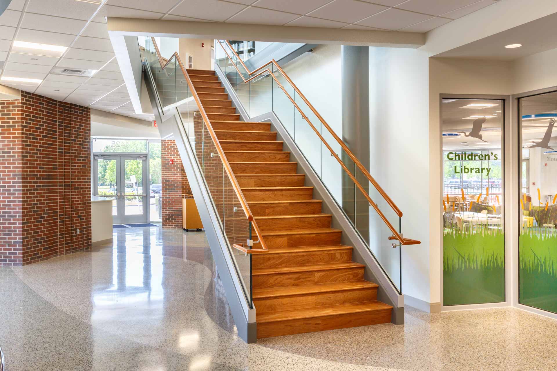 Broad Creek Library — Structural Glass Stair, Full Side View with Children's Library