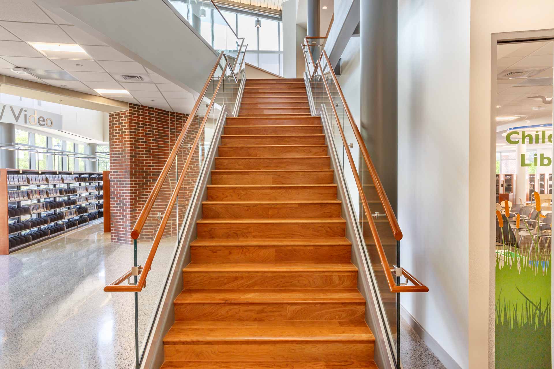 Broad Creek Library — Structural Glass Stair, Wide Entry View