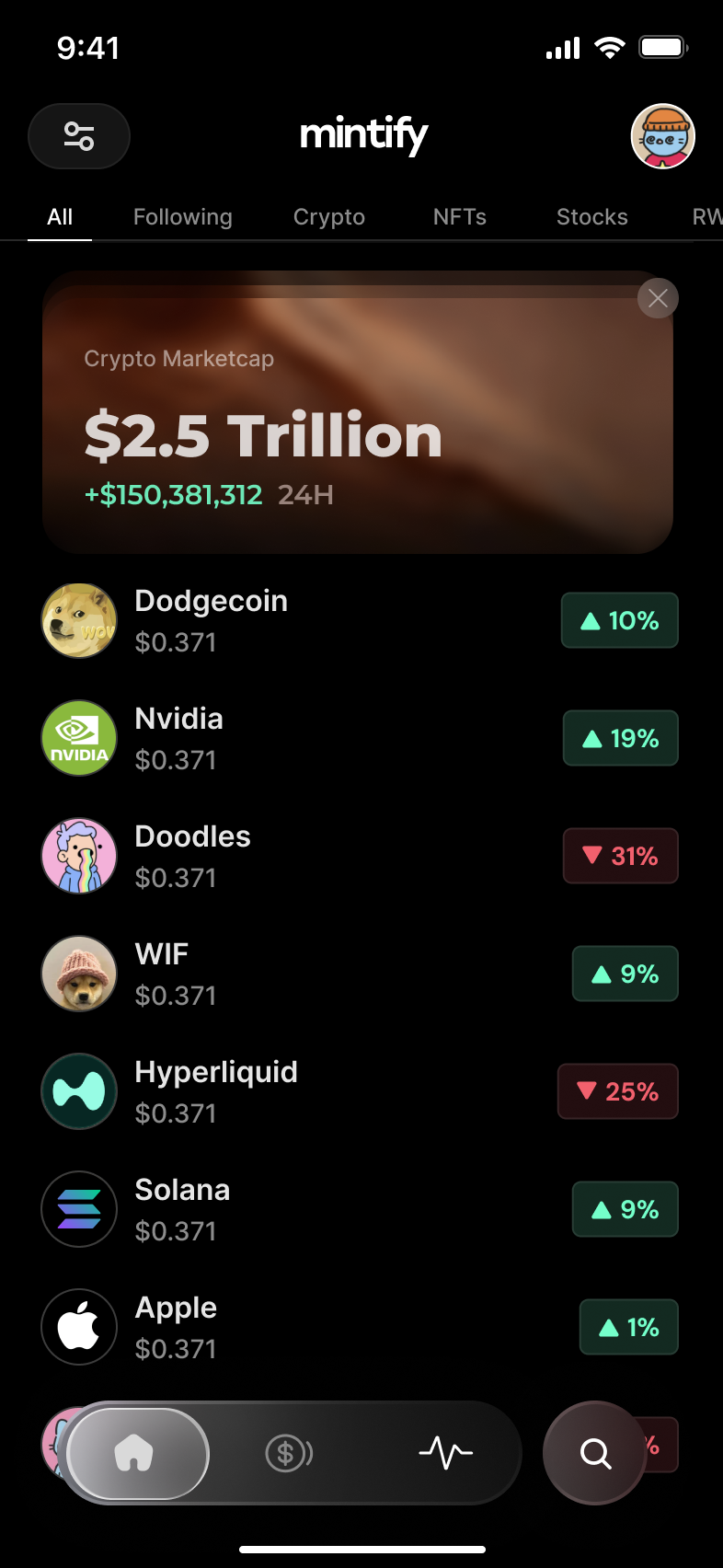 Mintify home screen showing crypto market cap and asset list